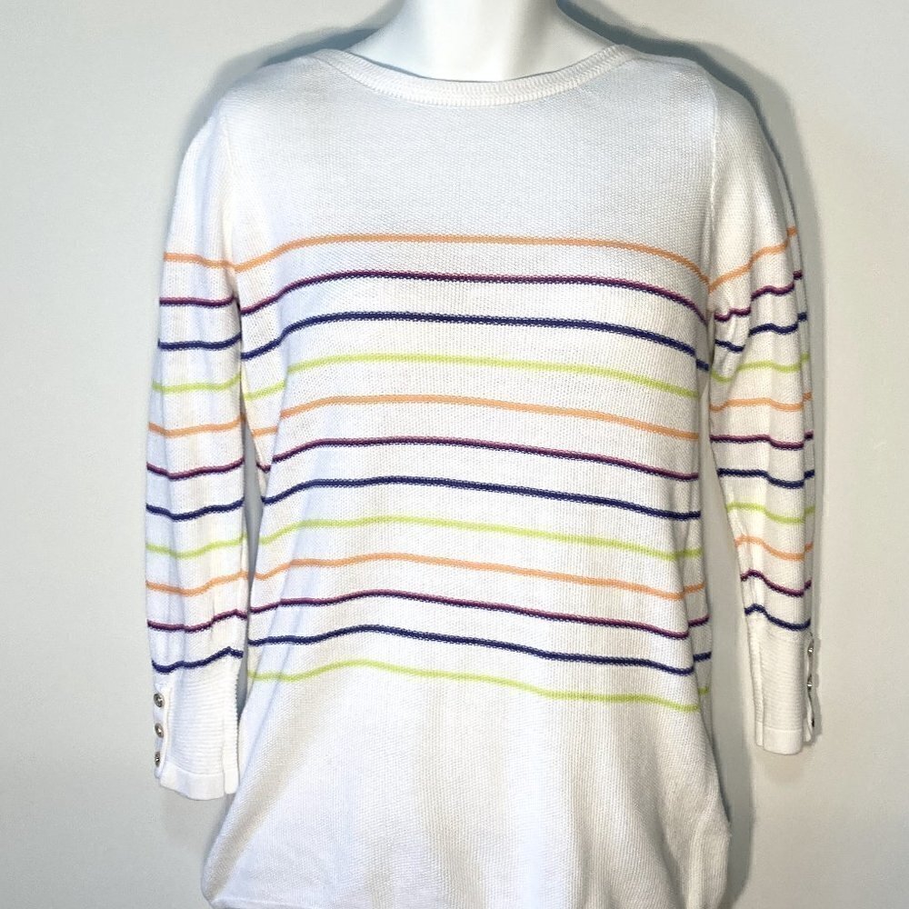 Joseph A SZ S White textured lightweight sweater with bright stripes
